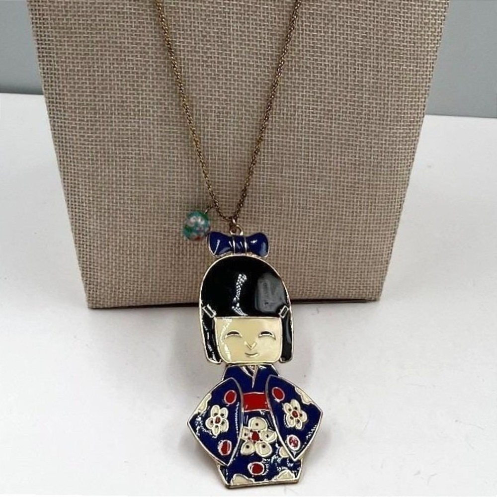 Vintage Enamel Kokeshi Doll Necklace Articulated Japanese Geisha Pendant Blue
